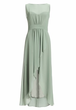 Abito verde menta realizzato in chiffon fluente, con design senza maniche, vita arricciata e orlo asimmetrico caratterizzato da eleganti drappeggi.