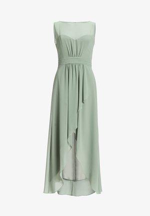 Mintgroene jurk van vloeiende chiffon, met een mouwloze ontwerp, een gathered taille en een asymmetrische zoomlijn met elegante draping.