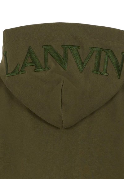Felpa con cappuccio verde oliva con ricamo "LANVIN" in verde abbinato sul retro. Tessuto morbido con una texture liscia, cappuccio arrotondato.