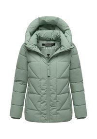 Zielona kurtka puchowa z pikowanym wzorem, wysoki kołnierz i regulowany kaptur. Posiada zamek błyskawiczny z przodu oraz boczne kieszenie dla większej funkcjonalności.
