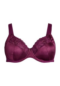 Mauve grudnjak s žicom, podstavljenim čašama, čipkastim detaljima i podešivim trakama. Glatka satenska tekstura i valoviti čipkasti detalji na gornjem rubu.