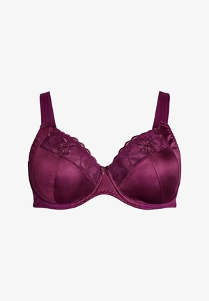 Mauve onderwire bh met gevoerde cups, kanten accenten en verstelbare schouderbandjes. Gladde satijnen textuur en gekartelde kantdetails aan de bovenrand.