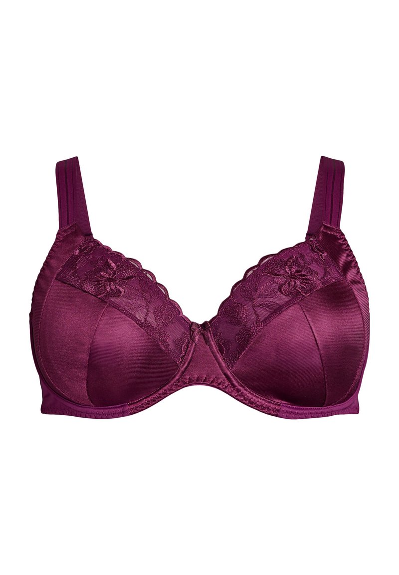 Mauve grudnjak s žicom, podstavljenim čašama, čipkastim detaljima i podešivim trakama. Glatka satenska tekstura i valoviti čipkasti detalji na gornjem rubu.