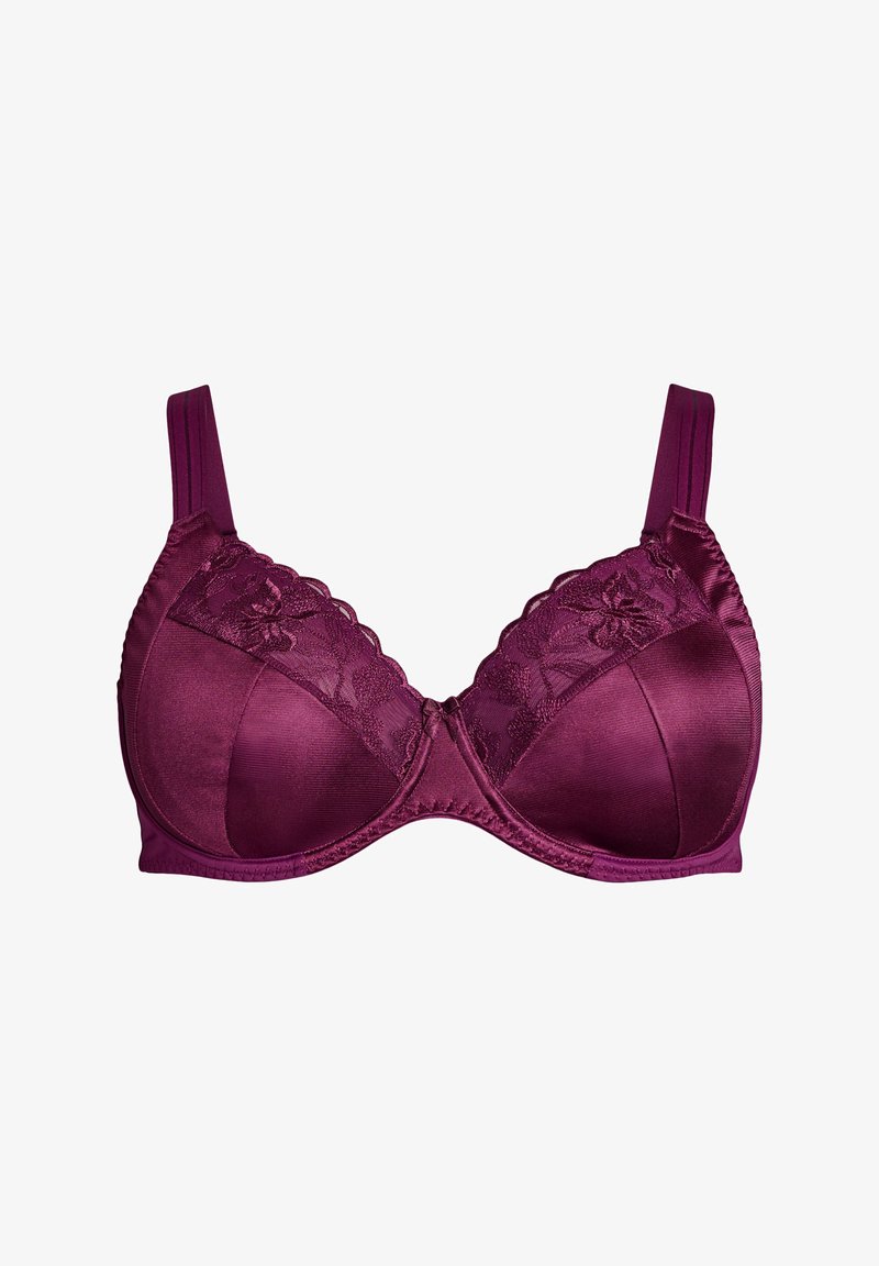 Mauve underwire-bh med polstrede skåle, blonder og justerbare stropper. Glat satinbetydning og bølgede blonder på den øverste kant.