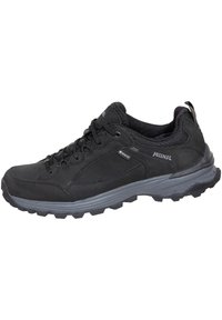 Black hiking shoe with suede and mesh upper, textured rubber sole, lace-up design, and durable Gore-Tex lining for water resistance.