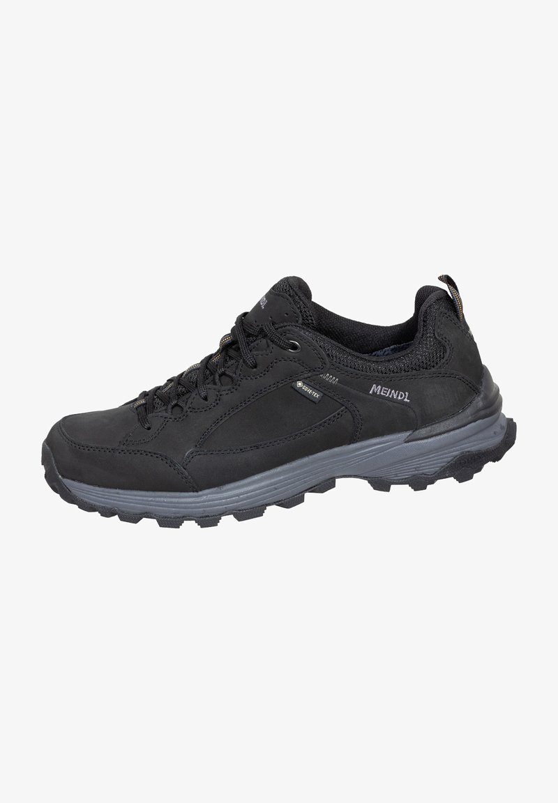 Black hiking shoe with suede and mesh upper, textured rubber sole, lace-up design, and durable Gore-Tex lining for water resistance.
