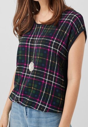 Top a maniche corte in plaid con una base nera e quadrati verdi, rosa e bianchi. Vestibilità rilassata con scollatura tonda e texture liscia.