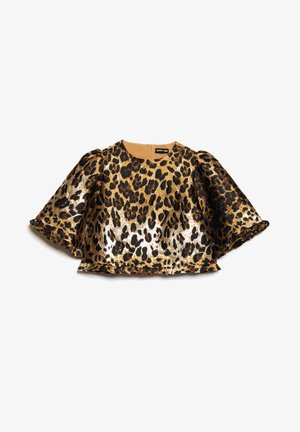 Top s leopardím vzorom v zlatej a čiernej farbe s krátkymi, pufovanými rukávmi a okrúhlym výstrihom. Má zips na chrbte.