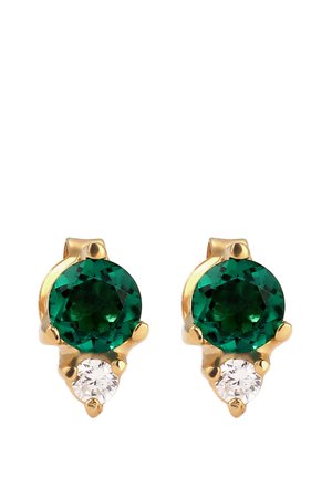 Boucles d'oreilles en métal doré avec de grandes pierres précieuses rondes vertes et de petites pierres rondes transparentes, dotées d'un design à tige sécurisée.