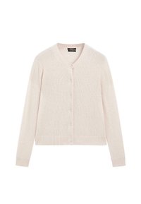 Cardigan lavorato a maglia color beige chiaro con maniche lunghe, scollo a V, polsini e orlo a coste, e chiusura frontale con bottoni.