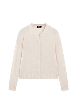 Cardigan lavorato a maglia color beige chiaro con maniche lunghe, scollo a V, polsini e orlo a coste, e chiusura frontale con bottoni.