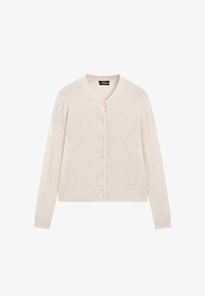Light beige knitted cardigan with long sleeves, V-neck, ribbed cuffs and hem, and front button closure.