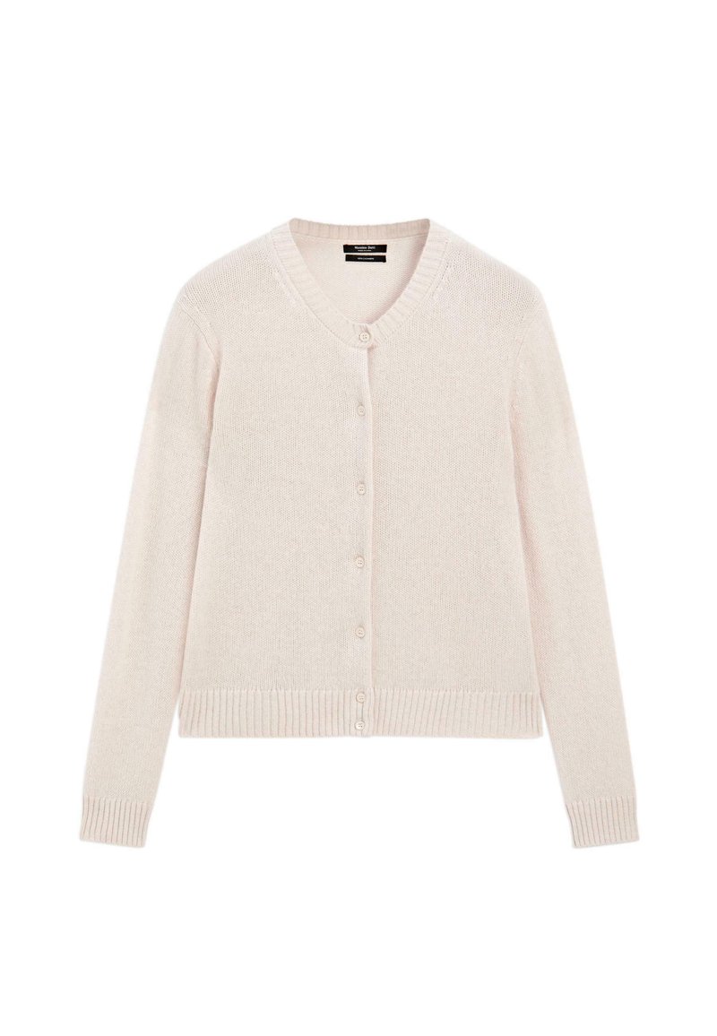 Cardigan lavorato a maglia color beige chiaro con maniche lunghe, scollo a V, polsini e orlo a coste, e chiusura frontale con bottoni.