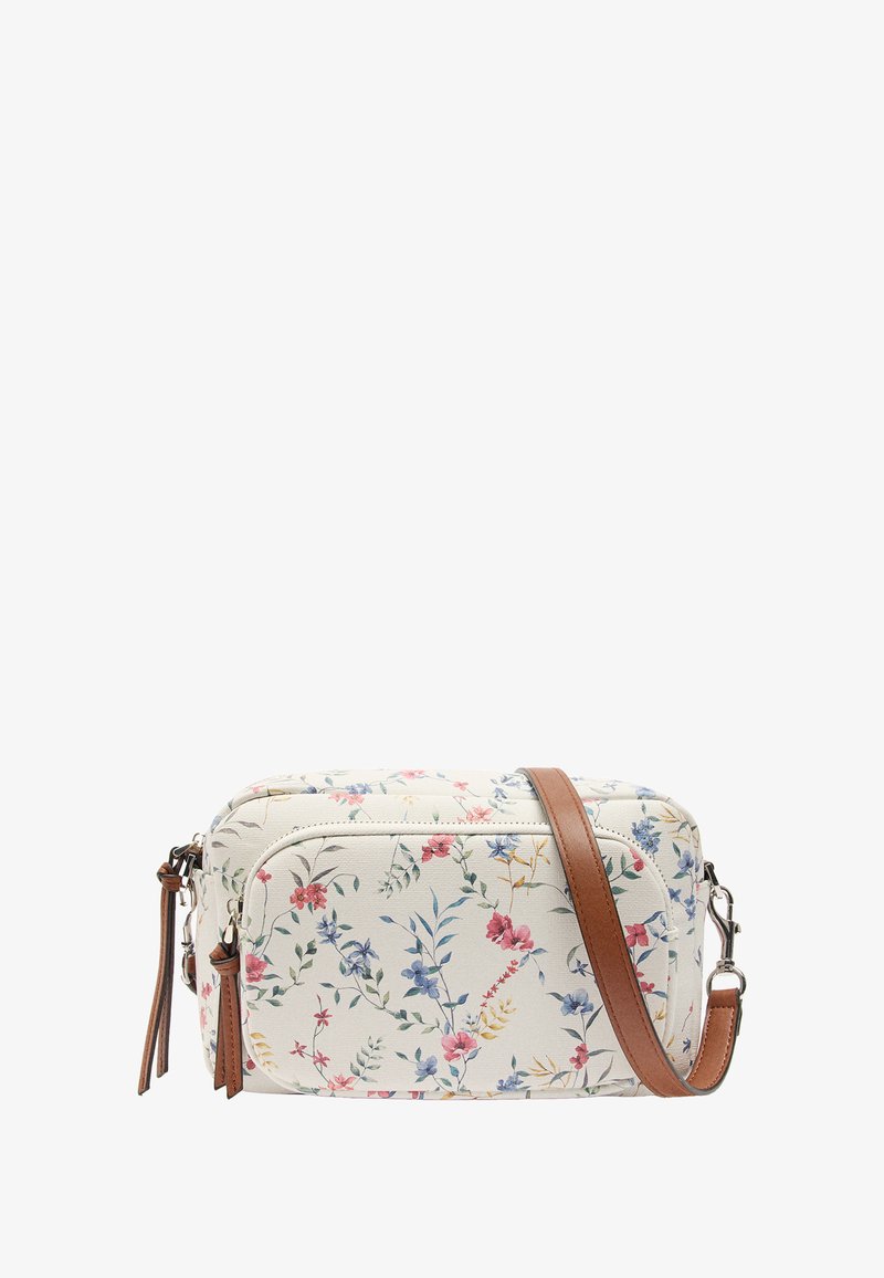 Torba na ramię w kwiatowy wzór z kremowego materiału syntetycznego, brązowym skórzanym paskiem, prostokątnym kształtem i dwoma zamykanymi na zamek komorami.