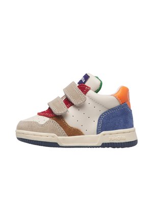 Child's low-top sneaker with beige, red, brown, blue, orange, and green suede and leather panels, featuring two beige Velcro straps.
