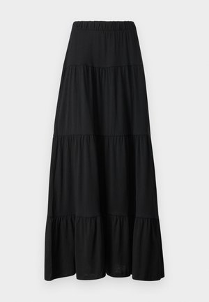 Black tiered maxi skirt with a gathered waistband, flowing design, and smooth texture. Features three distinct fabric layers.