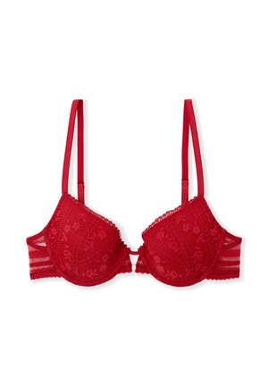 Punainen pitsirintaliivit, joissa on pehmustetut kupit, säädettävät olkaimet, kukkakuvioita, aaltoilevat reunat ja keskellä edessä oleva hakasuljenta.