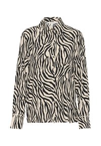 Skjorte med knaplukning i let materiale, der har et sort og cremefarvet zebra-stribet mønster, lange ærmer og klassisk krave.