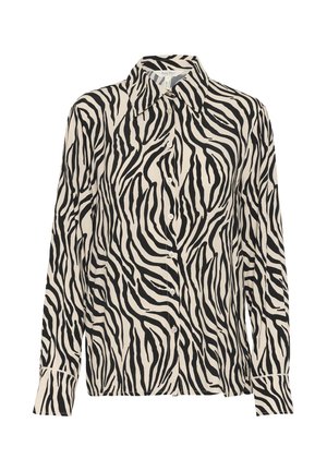 Hemd aus leichtem Fabric mit einem schwarz-cremefarbenen Zebra-Streifenmuster, langen Ärmeln und klassischem Kragen.