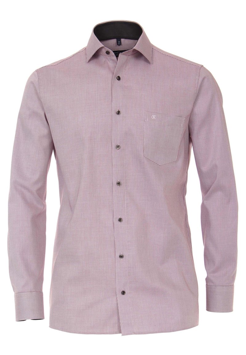 Camicia a maniche lunghe da uomo in fantasia a quadri rossi e bianchi, con taschino frontale e bottoni scuri su un colletto strutturato.