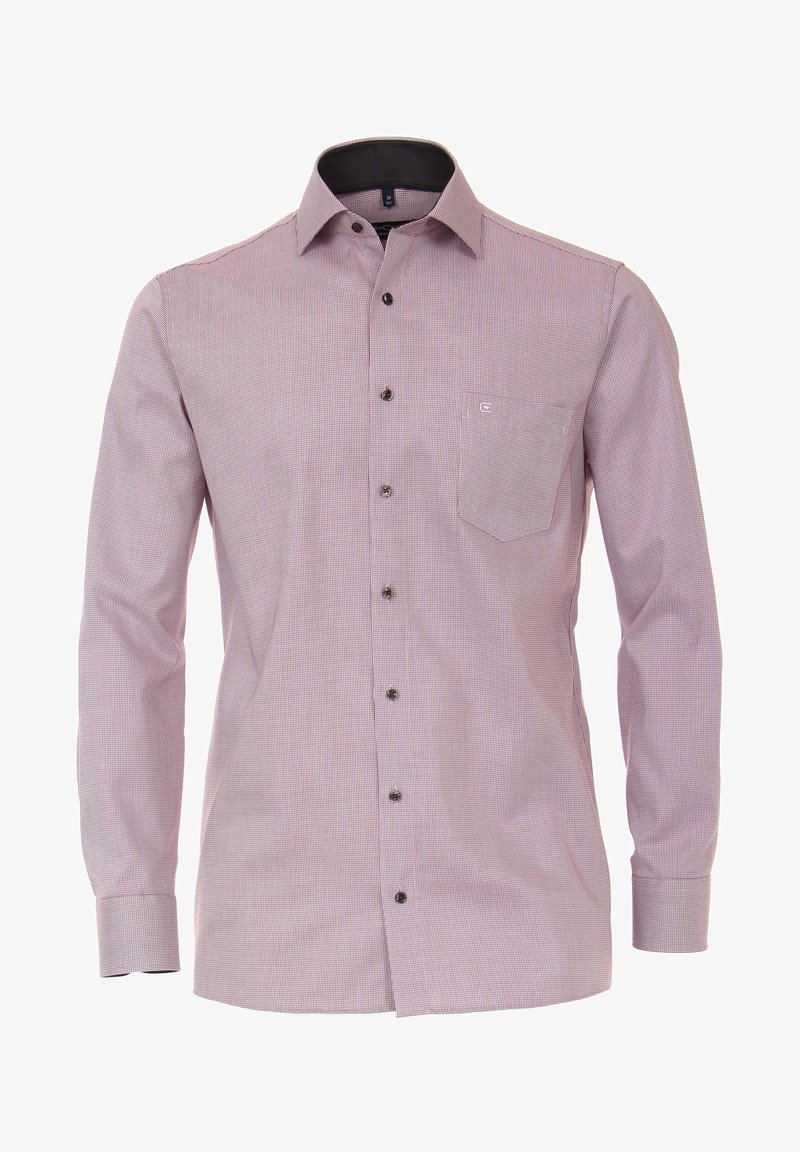 Camicia a maniche lunghe da uomo in fantasia a quadri rossi e bianchi, con taschino frontale e bottoni scuri su un colletto strutturato.
