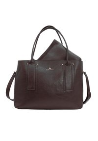 Borsa tote in pelle marrone con due manici superiori, una tracolla regolabile e una tasca interna removibile. Presenta dettagli dorati e una finitura testurizzata.