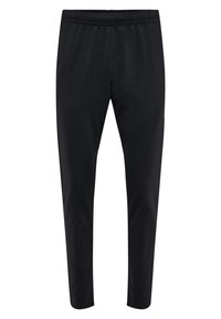 Black athletic pants made of lightweight fabric, featuring an elastic waistband, tapered legs, and minimalistic design with no visible patterns.