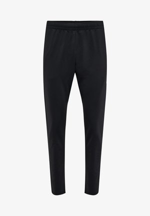 Schwarze Sporthose aus leichtem Stoff, mit einem elastischen Bund, schmal zulaufenden Beinen und einem minimalistischen Design ohne sichtbare Muster.