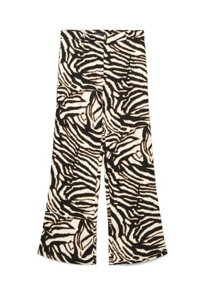 Hoch taillierte, weit geschnittene Hose mit schwarz-weißem Zebramuster, vorderlichem Reißverschluss und Gürtelschlaufen.