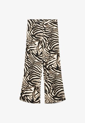 Pantaloni a vita alta e gamba larga con motivo a stampa zebra bianco e nero, cerniera frontale e passanti per cintura.