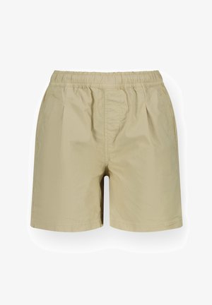 Beezhivärvi lühikesed püksid elastse vöökohtadega, sujuva tekstuuriga ja ees plekkidega. Disain on keskmise reie pikkusega ja lihtne.