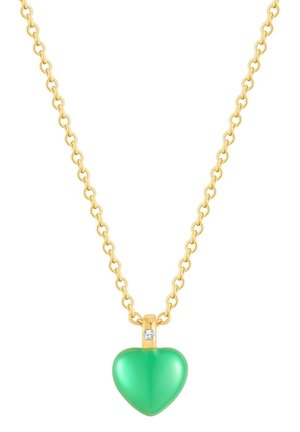 Collana in oro con pendente a forma di cuore verde, dalla superficie liscia e con un piccolo accento di pietra preziosa trasparente.