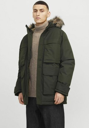 Grüne isolierte Parka mit einer Kapuze aus Kunstfell, mehreren Fronttaschen und gerippten Bündchen, getragen über einem beigefarbenen hochgeschlossenen Pullover.