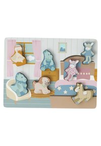 Wooden puzzle featuring six animal pieces (duck, dinosaur, dog, bunny, horse, sheep) in pastel colors, with a bedroom backdrop and patterned details.