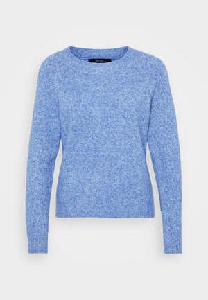 Light blue knitted sweater with a crew neckline, long sleeves, and a textured pattern throughout. Soft fabric with a relaxed fit.