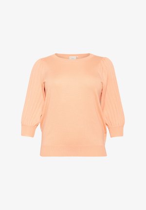 Jasno brzoskwiniowy sweter z dzianiny o okrągłym dekolcie, rękawach o długości 3/4 w fasonie bufka, prążkowanej fakturze i luźnym kroju, zaprojektowany dla maksymalnego komfortu.