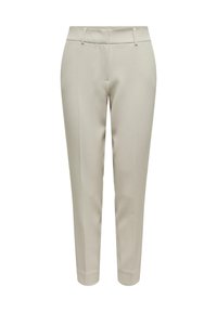 Pantalons beiges coupés à la cheville avec passants de ceinture, pli avant et taille ajustée, présentés sur un fond blanc.