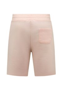 Roze katoenen shorts met een elastische tailleband en één achterzak. Glad textuur en eenvoudig ontwerp zonder zichtbare patronen of accenten.