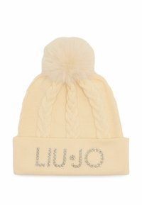 Beżowa dzianinowa czapka z splotem warkoczowym, zwieńczona sztucznym futrzanym pomponem. Posiada logo "LIU•JO" wykonane z cyrkonii na mankiecie.