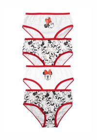 Quattro paia di mutandine da donna realizzate in cotone. I colori includono grigio, bianco e nero, con rifiniture rosse. I modelli presentano grafiche di Minnie Mouse.