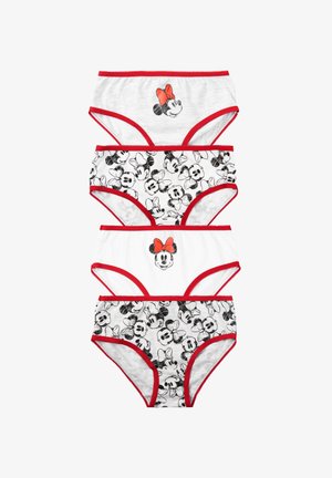 Quattro paia di mutandine da donna realizzate in cotone. I colori includono grigio, bianco e nero, con rifiniture rosse. I modelli presentano grafiche di Minnie Mouse.