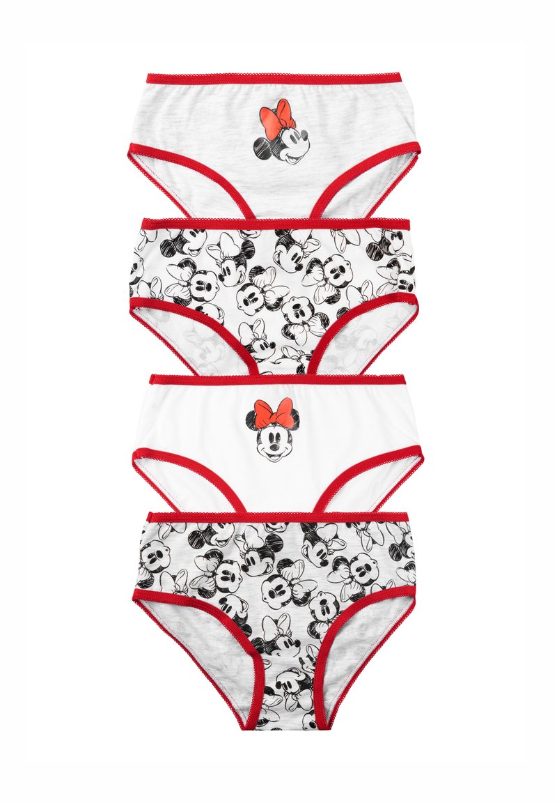 Quattro paia di mutandine da donna realizzate in cotone. I colori includono grigio, bianco e nero, con rifiniture rosse. I modelli presentano grafiche di Minnie Mouse.