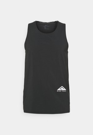 Débardeur noir sans manches en tissu léger. Présente un logo blanc "Nike Trail" et un graphique de montagne sur le devant.
