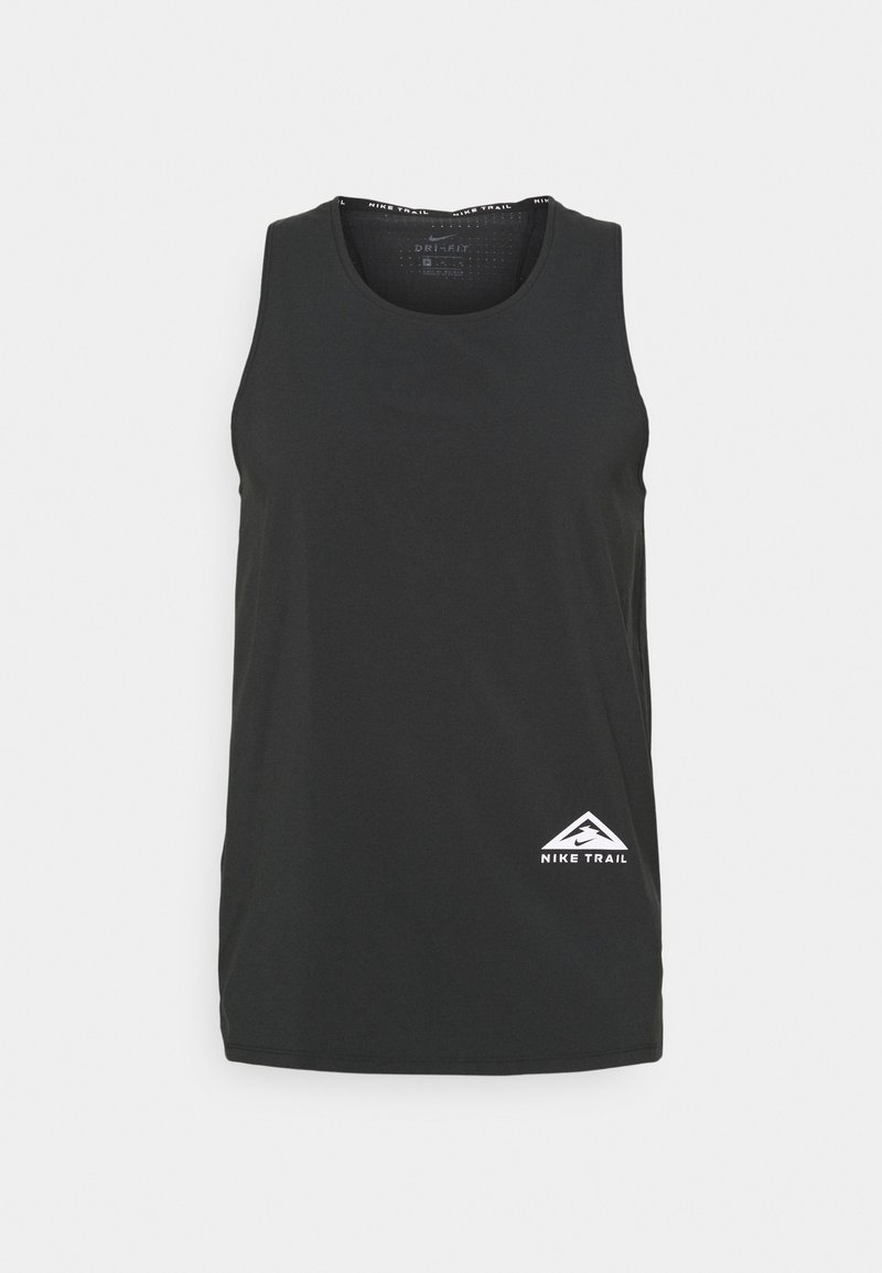 Débardeur noir sans manches en tissu léger. Présente un logo blanc "Nike Trail" et un graphique de montagne sur le devant.