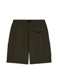 Pantaloni cargo verde oliva con vita elastica, due tasche laterali e una tasca a patta sulla gamba destra. Realizzati in tessuto leggero.