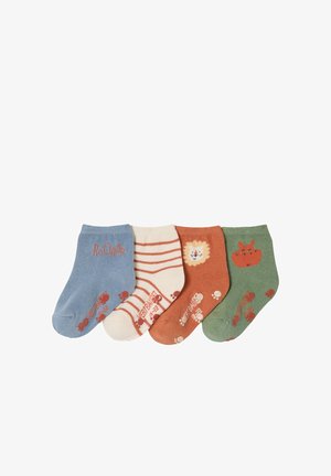 Four pairs of toddler socks in blue, white with red stripes, rust with lion face, and green with hippo face, all with anti-slip grips on soles.