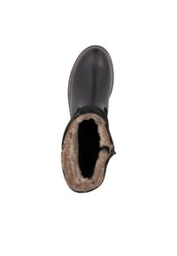 Zwarte enkelboot met een glad leren buitenkant, een gewatteerde suede kraag en een voering van bont. Rond neus en gestikte details rond de zool.