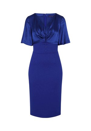 Blaues Kleid mit einem Satin-Oberteil, kurzen Ärmeln, einem taillierten Rock und drei Knöpfen an der Taille. Glatte Textur, knielanges Design.
