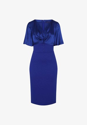 Modré šaty s saténovým telom, krátkymi rukávmi, priliehavou sukňou a tromi gombíkmi v páse. Hladký povrch, dizajn po kolená.