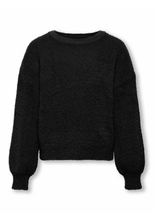 Maglione nero e fluffy con maniche lunghe e leggermente voluminosi e scollatura rotonda. Presenta un design cropped e un tessuto morbido e testurizzato.